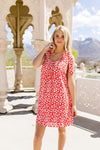 Spotted Rosette Dress In Red Coral