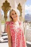 Spotted Rosette Dress In Red Coral