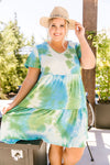 Tiered Tie Dye Dress In Turquoise & Green