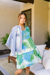 Tiered Tie Dye Dress In Turquoise & Green