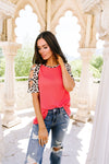 Waffle Knit Leopard Ladder Sleeve Top