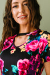 Watercolor Flowers Keyhole Top In Black